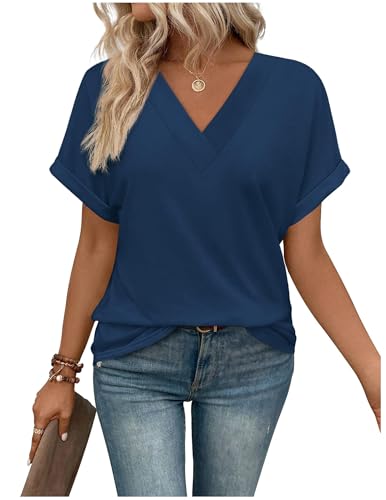Tshirt Damen Oversize Shirt Damen Oberteile Sommer V-Ausschnitt Locker Basic Tops Kurzarm Tunika Elegant von CSKJ