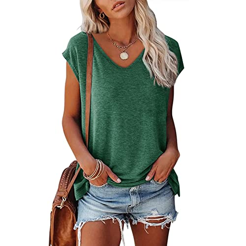 Tshirt Damen Solide Kurzarm T-Shirt V-Ausschnitt Flügelärmeln Oberteile Blusen Sommer Casual Lose Tank Top Basic Mädchen Tops von CSKJ