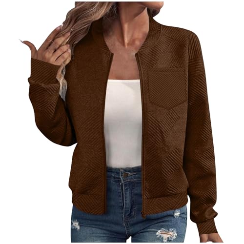 Übergangsjacke Damen Kurze Blouson Jacke Casual Bomberjacke Langarm Outwear Zip Up Einfarbige Coat Leichte Herbst Sweatjacke mit Taschen Reißverschluss Sportjacke von CSKJ