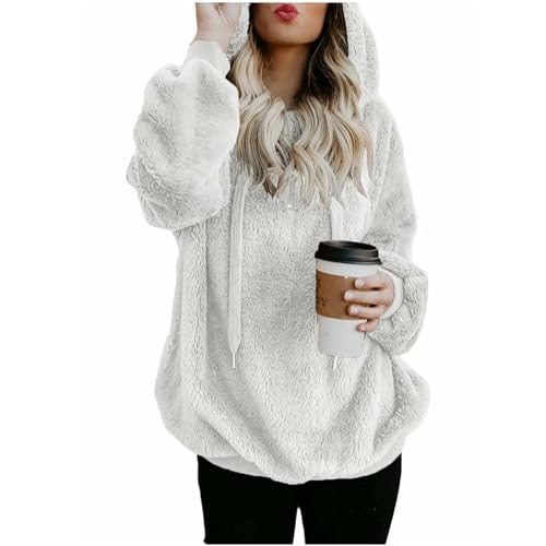 Ugly Christmas Sweater - Hoodie Damen Kapuzenpullover Teddy-Fleece Pullover Herbst Winter Warm Oberteil Langarm Einfarbig Casual Sweatshirt Hoodie Plüschjacke, weiß, XL von CSKJ