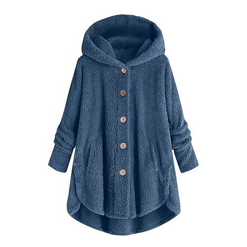 Warehouse Deal - Teddy Mantel Damen Plüschjacke Fleecejacke Winterjacke Lang Warm Gefüttert Fleecemantel Lässige Kuscheljacke Flauschig Wintermantel Knopf Kapuzenjacke, blau, XL von CSKJ