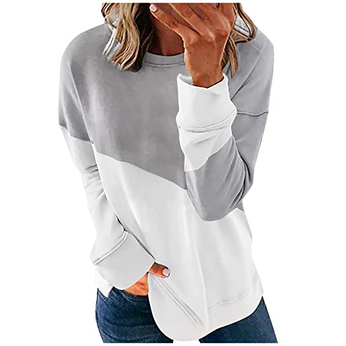 Warehouse Deals Angebote - Sweatshirt Damen Pullover Farbblock Rundhals Langarmshirt Pulli Herbst Winter Casual Locker Oberteile Sport Streetwear Sweatshirts ohne Kapuze Shirts Tops, Grau, M von CSKJ