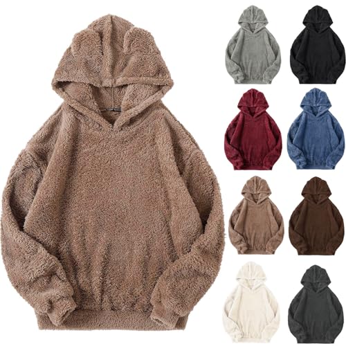 Warehouse Deals Angebote Teddy Pullover Damen Flauschig Pulli Fleece Weich Herbst Winter Warm Kapuzenpullover Casual Sweatshirt Winter Warm Plüsch Kapuzenpullis Langarm Oberteile Top, Kaffee, L von CSKJ