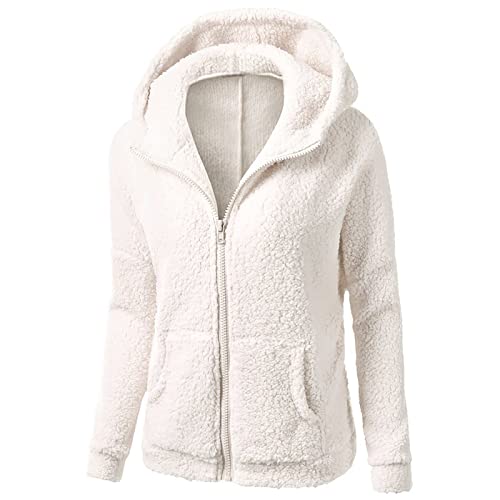 Weihnachtsdeko Sale - Fleecejacke Damen Kapuzenpullover Hoodie mit Zipper Teddyjacket Sweatshirt Basic Kapuzenjacke Causal Sweatjack Plüschjack Jacket Winter Warm Einfarbig Hoodies, weiß, XL von CSKJ