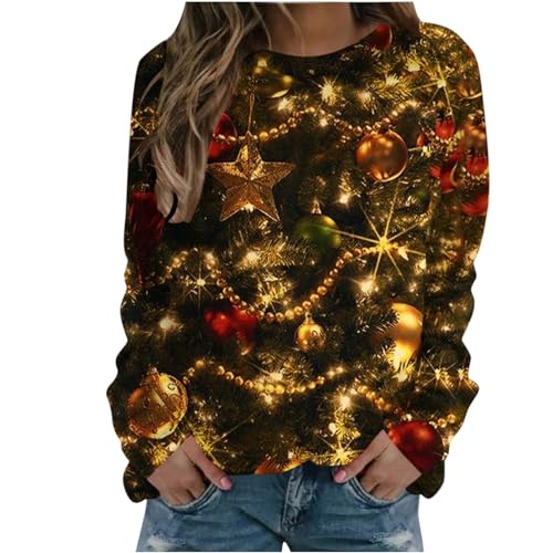 Weihnachtspullover Damen Sweatshirt Rundhals Langarm Weihnachten Pullover Casual Christmas Sweat Oberteile Merry Christmas Sweatshirt Weihnachtspulli Teenager Mädchen Pulli Tops, Gold, XL von CSKJ