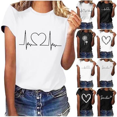 Weiß T-Shirt Damen Basic T Shirt Sommer Grafik Kurzarm Rundhals Tees Tops Casual Mode Motiv Sommershirt Lose Lockere Lässige Oberteile Tshirts von CSKJ