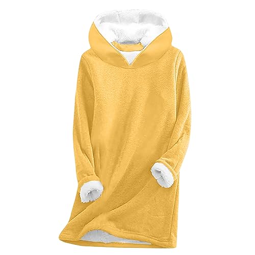 Windbreaker - Hoodie Damen Kapuzenpullover Teddy Fleece Sweatshirt Warmes Sherpa Gefüttertes Pullover mit Kapuze Winter Casual Langarmshirt Oberteile Einfarbig Thermounterwäsche, gelb, 3XL von CSKJ