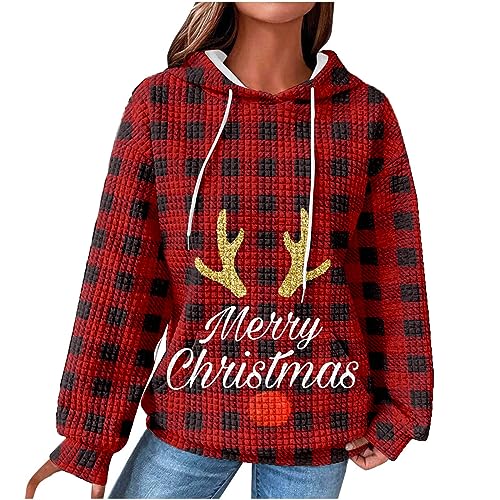 Windbreaker Kapuzenpullover Damen Vintage Waffel Pullover mit Kapuze Sweatshirt Casual Langarm Hoodie Langarmshirt Baumwolle Sport Kapuzenpulli Herbst Winter Warm Outwear, Rot, S von CSKJ