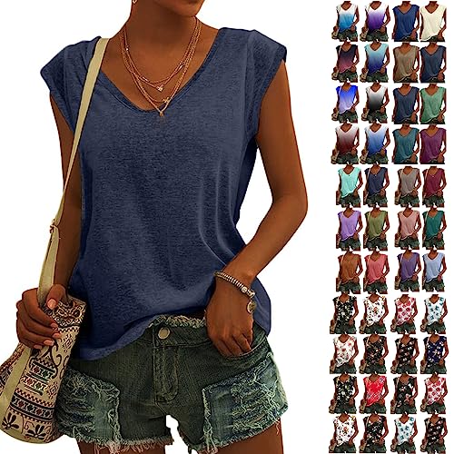 Winter Angebote Damen - Bluse Damen Elegant Ärmellos T-Shirt Einfarbig Frauen Kleidung Tops Shirt Lässig Frau Oberteile Sommer Tshirt V-Ausschnitte Klamotten Teenager Mädchen, Dunkelblau, L von CSKJ