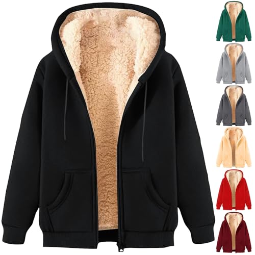 Winterjacke Damen Warme Teddyjacke Casual Einfarbige Fleecejacke Langarm Reißverschluss Kapuzenjacke Elegant Winter Plüschjacke Teenager Mädchen Hoodie von CSKJ