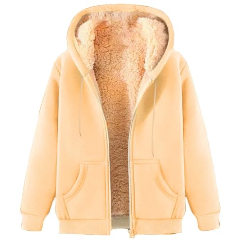Winterjacke Damen Warme Teddyjacke Casual Einfarbige Fleecejacke Langarm Reißverschluss Kapuzenjacke Elegant Winter Plüschjacke Teenager Mädchen Hoodie von CSKJ