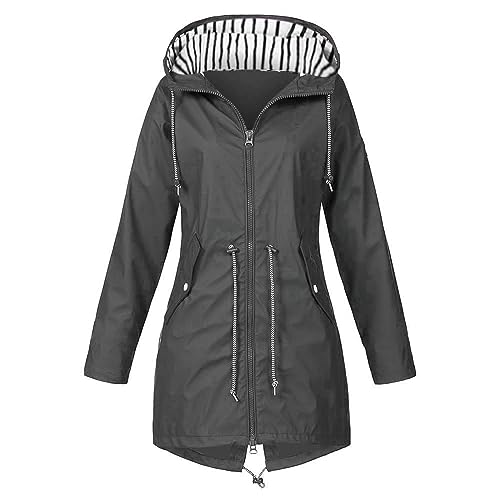 Winterjacke - Regenjacke Damen Wasserdicht Atmungsaktiv 5xl Große Größen Regenmantel Schwarz Softshelljacke Gelb Outdoorjacke Übergangsjacke Leichte Jacke mit Kapuze für Frühlings Herbst, Grau, L von CSKJ