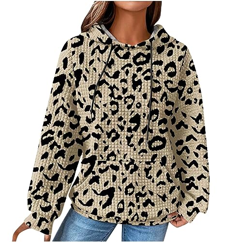 Winterparka Damen Kapuzenpullover Damen Vintage Waffel Pullover mit Kapuze Sweatshirt Casual Langarm Hoodie Langarmshirt Baumwolle Sport Kapuzenpulli Herbst Winter Warm Outwear, Braun, XL von CSKJ