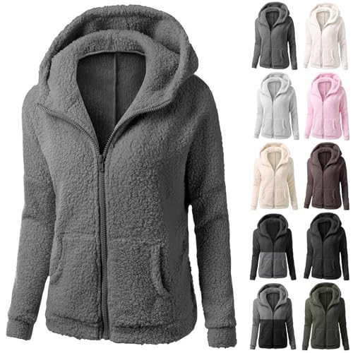 Wollpullover Damen - Fleecejacke Damen Kapuzenpullover Hoodie mit Zipper Teddyjacket Sweatshirt Basic Kapuzenjacke Causal Sweatjack Plüschjack Jacket Winter Warm Einfarbig Hoodies, dunkelgrau, XL von CSKJ