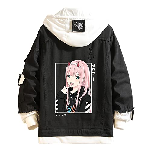 CSOCKS Anime Darling in The Franxx Jacke Hoodie Zero Two 02 Grafik bedruckte Jeansjacke Herren Damen Klassische zerrissene dünne Jeansjacke mit Löchern von CSOCKS