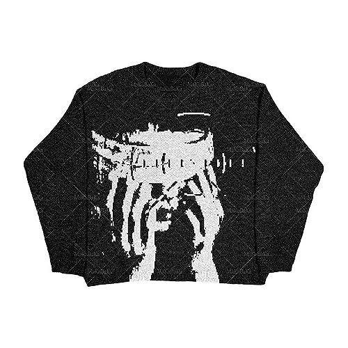 Neuer Hip Hop Streetwear Strickpullover Herren Gothic Portrait Print Pullover Herbst Harajuku Baumwollpullover Damen Übergroßer Pullover-Black01-M von CSRP