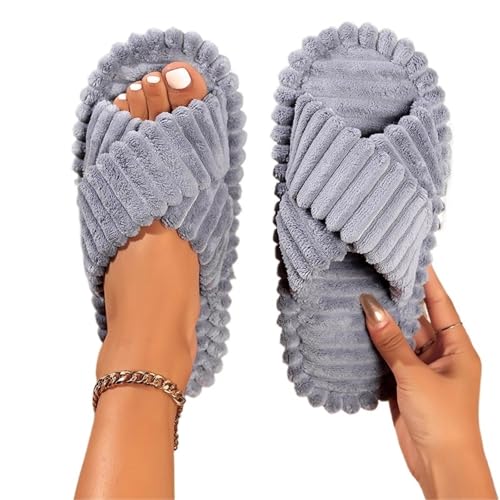 CSSHNL Damen offene Zehenschlappen Damen-Hausschuhe aus Baumwolle for den Innenbereich, mit gekreuzten Riemen, offene Zehenpartie, leicht, bequem(GRAY,36-37) von CSSHNL