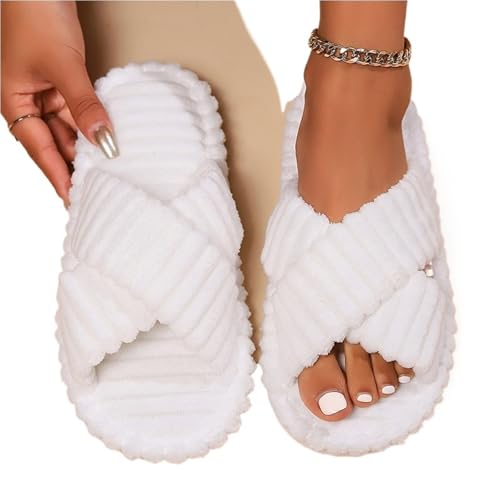 CSSHNL Damen offene Zehenschlappen Damen-Hausschuhe aus Baumwolle for den Innenbereich, mit gekreuzten Riemen, offene Zehenpartie, leicht, bequem(WHITE,38-39) von CSSHNL