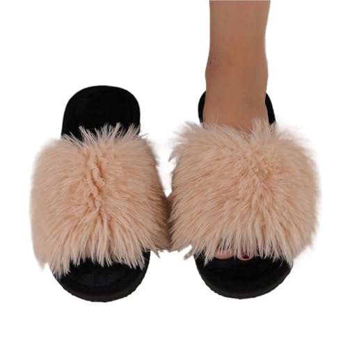 CSSHNL Damen offene Zehenschlappen Damen Plüsch Hausschuhe Leichte Hausschuhe Offene Zehen Slides(Khaki,36-37) von CSSHNL