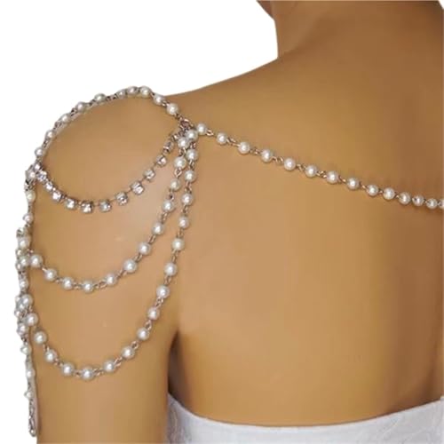 Schulterkette Imitation Perle Schulter Kette Schmuck Hand Perlen Körper Frauen Hochzeit Schal Zubehör Halskette(Silver) von CSSHNL