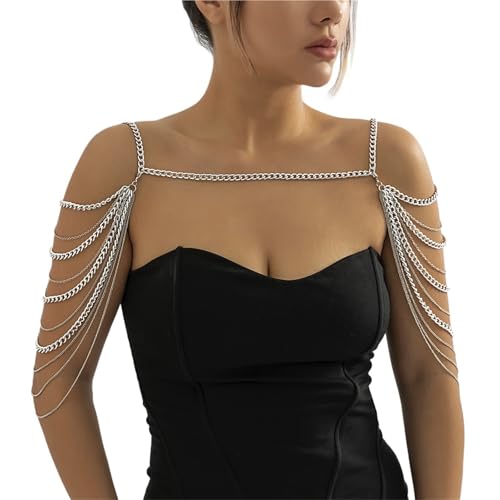 Schulterkette Schulterkette Mehrschichtige Metallketten for Frauen Punk Lange Quaste Hals Körperschmuck Party(Sliver) von CSSHNL