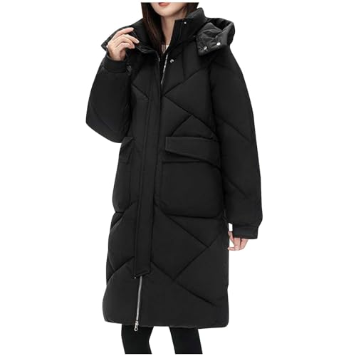 2023 Herbst Winter Jacke für Damen Einfarbig Lang Daunenjacke Frauen Pufferjacke Down Coat mit Kapuze Windbreaker Outdoorjacke Übergangsjacke Warme Jacke Steppjacke von CSWH