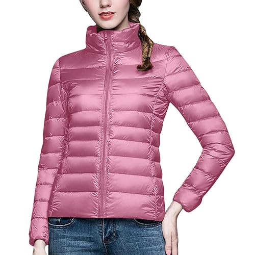 2023 Klassische Warme Jacke für Damen Uni Farben Zipper Daunenjacke Frauen Stehkragen Pufferjacke Damen Herbst/Winter Winterjacke Windbreaker Down Coat Steppjacke von CSWH