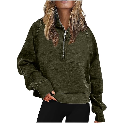 2023 Mode Sweatshirts für Damen Cropped Half Zip Hoodie Langarm Kapuzensweatshirt Fleece Sweatjacke mit Kapuze Daumenloch Casual Workout Crop Tops für Frühling Herbst Outdoor von CSWH