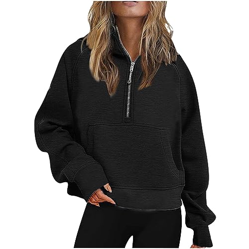 2023 Mode Sweatshirts für Damen Cropped Half Zip Hoodie Langarm Kapuzensweatshirt Fleece Sweatjacke mit Kapuze Daumenloch Casual Workout Crop Tops für Frühling Herbst Outdoor 2023 Mode Sweatshirts für Damen Cropped Half Zip Hoodie Langarm Kapuzensweatshirt Fleece Sweatjacke mit Kapuze Daumenloch Casual Workout Crop Tops für Frühling Herbst Outdoor von CSWH