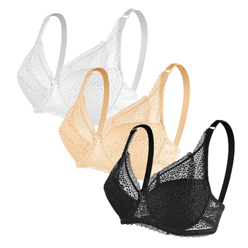 3er Pack BH Damen ohne Bügel Fraun Spitzen BH Set mit verstellbarem Push Up BH Sexy BH 2024 Mädchen Weich Bequemer BHS Atmungsaktiver Unterwäsche Bra für Alltag von CSWH