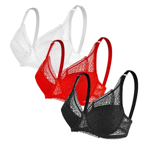 3er Pack BH Damen ohne Bügel Fraun Spitzen BH Set mit verstellbarem Push Up BH Sexy BH 2024 Mädchen Weich Bequemer BHS Atmungsaktiver Unterwäsche Bra für Alltag von CSWH