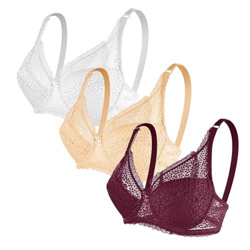 3er Pack BH Damen ohne Bügel Fraun Spitzen BH Set mit verstellbarem Push Up BH Sexy BH 2024 Mädchen Weich Bequemer BHS Atmungsaktiver Unterwäsche Bra für Alltag von CSWH