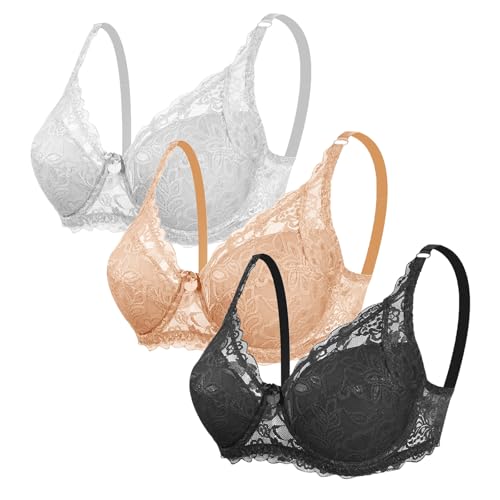 CSWH 3er Pack Damen BHS ohne Bügel Fraun Push Up Sexy Spitzen-BH mit verstellbarem Trägern Mädchen Atmungsaktiver Weich Bequemer BH Unterwäsche Bra für Alltag von CSWH