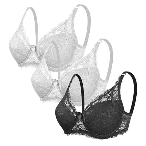 CSWH 3er Pack Damen BHS ohne Bügel Fraun Push Up Sexy Spitzen-BH mit verstellbarem Trägern Mädchen Atmungsaktiver Weich Bequemer BH Unterwäsche Bra für Alltag von CSWH