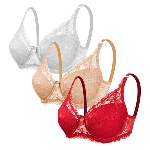CSWH 3er Pack Damen BHS ohne Bügel Fraun Push Up Sexy Spitzen-BH mit verstellbarem Trägern Mädchen Atmungsaktiver Weich Bequemer BH Unterwäsche Bra für Alltag von CSWH