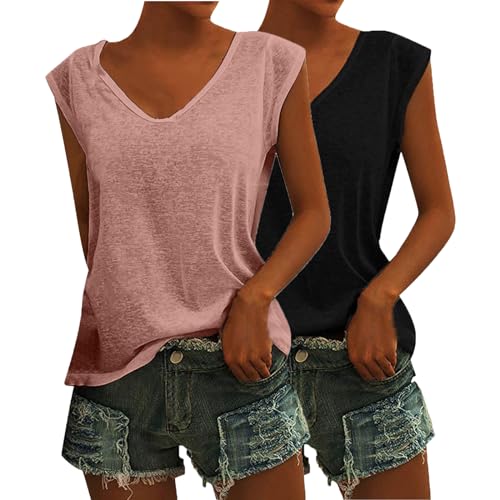 CSWH 2er Pack Damen Einfarbig Ärmellose T-Shirt Casual V Ausschnitt Bluse T Shirt Oberteile mit Flügelärmeln Frauen Sommer Elegant Kleidung Shirts Mädchen Tunika Tank Tops von CSWH