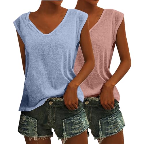 CSWH 2er Pack Damen Einfarbig Ärmellose T-Shirt Casual V Ausschnitt Bluse T Shirt Oberteile mit Flügelärmeln Frauen Sommer Elegant Kleidung Shirts Mädchen Tunika Tank Tops von CSWH