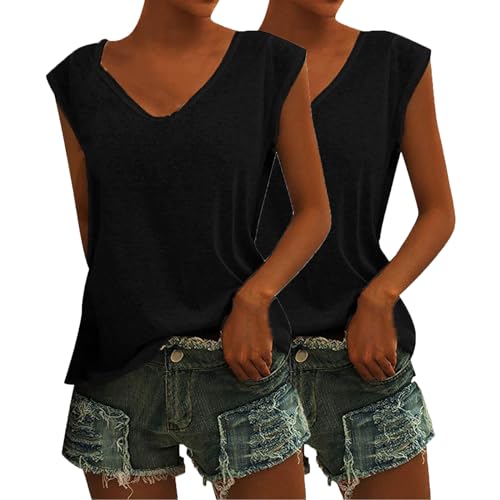 CSWH 2er Pack Damen Einfarbig Ärmellose T-Shirt Casual V Ausschnitt Bluse T Shirt Oberteile mit Flügelärmeln Frauen Sommer Elegant Kleidung Shirts Mädchen Tunika Tank Tops von CSWH