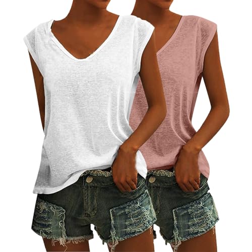 CSWH 2er Pack Damen Einfarbig Ärmellose T-Shirt Casual V Ausschnitt Bluse T Shirt Oberteile mit Flügelärmeln Frauen Sommer Elegant Kleidung Shirts Mädchen Tunika Tank Tops von CSWH