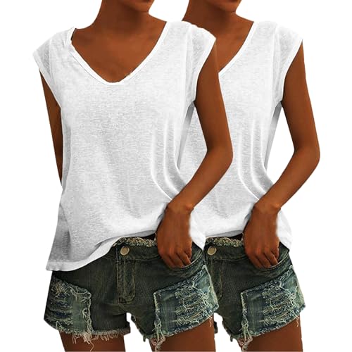 CSWH 2er Pack Damen Einfarbig Ärmellose T-Shirt Casual V Ausschnitt Bluse T Shirt Oberteile mit Flügelärmeln Frauen Sommer Elegant Kleidung Shirts Mädchen Tunika Tank Tops von CSWH