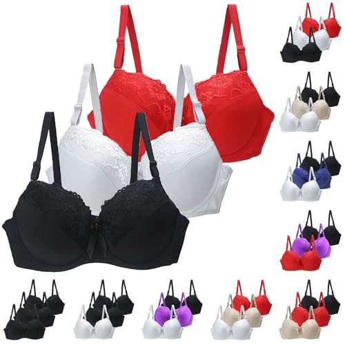 CSWH 3er Pack BHS Damen mit Bügel Push Up Sexy Spitzen-BH Frauen Starker Halt Große Brüste Klassische BH Set Bequemer Unterwäsche Bra mit Verstellbaren Trägern für Alltag CSWH 3er Pack BHS Damen mit Bügel Push Up Sexy Spitzen-BH Frauen Starker Halt Große Brüste Klassische BH Set Bequemer Unterwäsche Bra mit Verstellbaren Trägern für Alltag von CSWH