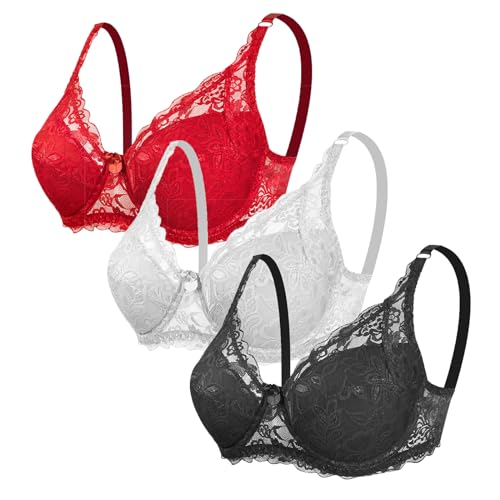 CSWH 3er Pack Damen BH mit Bügel Fraun Push Up BH Spitzen BH Sexy BH Set mit verstellbarem Mädchen Atmungsaktiver Weich Bequemer BHS Y2K Unterwäsche Bra für Alltag von CSWH