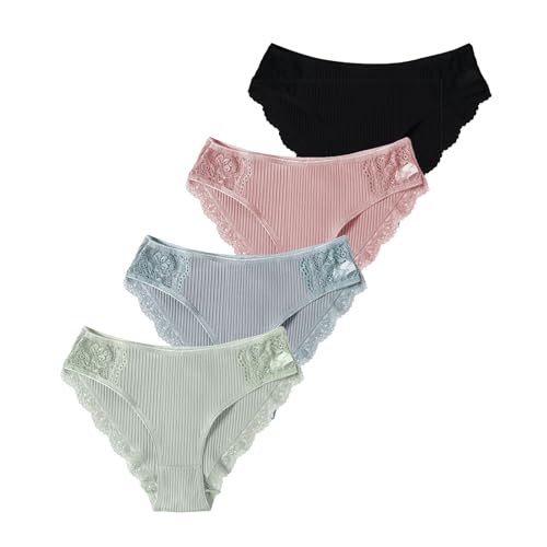 CSWH 4er-Pack Unterwäsche Damen Hipster Slips Mehrpack Bequeme Frauen Einfarbig und Spitze Unterhosen Taillenslip Bikini Höschen Pantys S-XL von CSWH