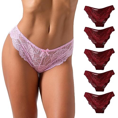 CSWH 5er-Pack Damen Hipster Unterwäsche Frauen Einfarbig und Spitze Unterhosen Bikini String Tanga Höschen Taillenslip Panties M-XL von CSWH