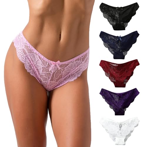 CSWH 5er Pack Slip Damen Sexy Spitzen Unterhosen Frauen Atmungsaktiv Bequem Hipster Damen niedrige Taille Unterwäsche Pantys Mehrpack M-XL von CSWH