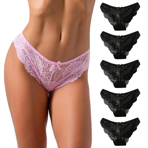 CSWH 5er Pack Slip Damen Sexy Spitzen Unterhosen Frauen Atmungsaktiv Bequem Hipster Damen niedrige Taille Unterwäsche Pantys Mehrpack M-XL von CSWH