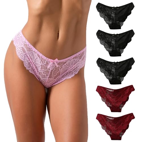 CSWH 5er Pack Slip Damen Sexy Spitzen Unterhosen Frauen Atmungsaktiv Bequem Hipster Damen niedrige Taille Unterwäsche Pantys Mehrpack M-XL von CSWH