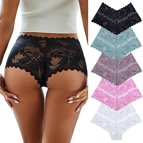 CSWH 5er Pack Unterwäsche Damen Hipster Sexy Slips Frauen Buchstabmuster und Spitze Unterhosen Taillenslip Bikini Höschen String Tanga Panties S-XL von CSWH