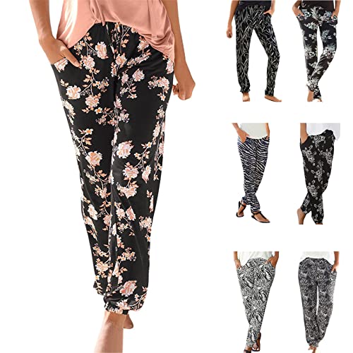 CSWH Damen Hose Blumen Weites Bein Jogginghose Freizeithose Yogahose Frauen Elegant Luftig Lounge Pants Hausehose Trainingshose Female Stoffhose Wanderhose Sporthose mit Taschen von CSWH