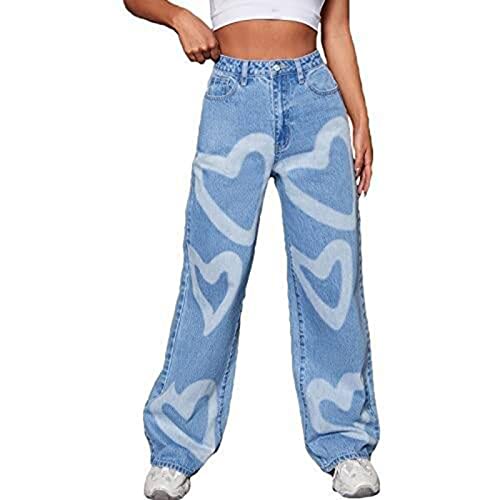 CSWH Damen Jeans High Waist Hose Jeanshose Mädchen mit geradem Bein Sommerhose Freizeithose Hosen Frauen Herzen Lässig Outdoorhose Frau y2k Sommer Clothes Pants Trousers für Outdoor (Hellblau,M) von CSWH